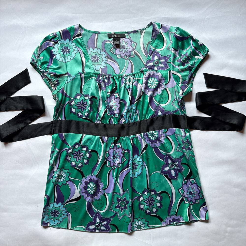 Y2K Style & Co Satin Like Floral Top Tie Waist Short Sleeve Womens Medium 90s